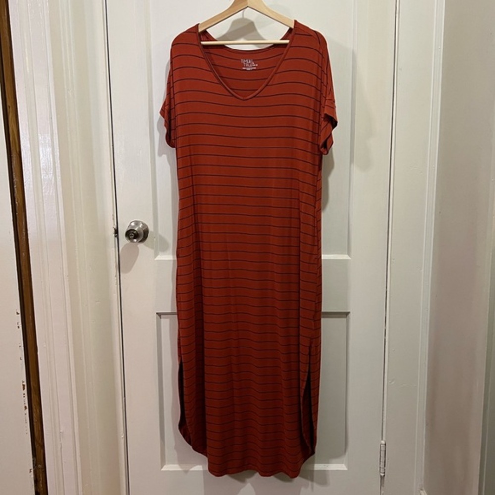 Long Rust Navy Stripe Maxi Dress Pockets Split Hem